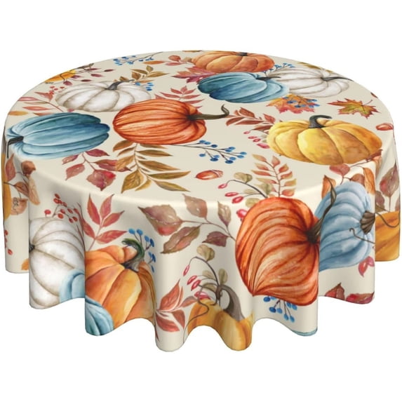 Fall Thanksgiving Table Cloth White Blue Orange Pumpkins Round Tablecloth 60 In Autumn Harvest Leaf Farmhouse Table Cover Washable Dinning Decoration For Holiday Kitchen Party Picnic Outdoor Indoor
