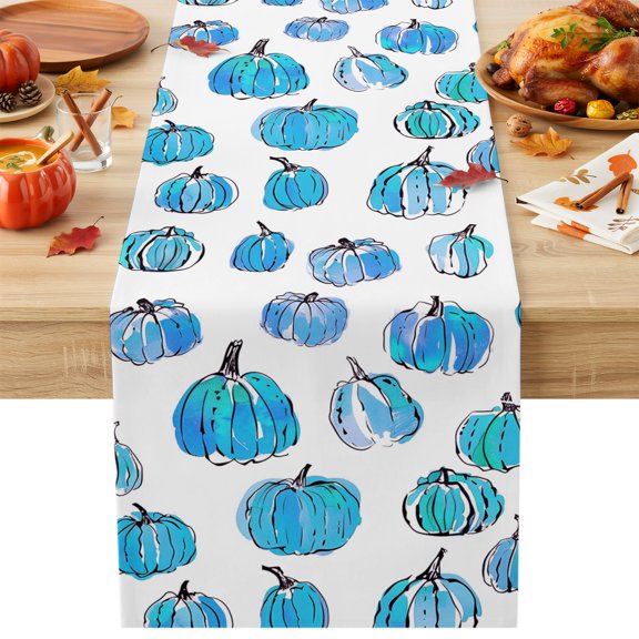 Fall Thanksgiving Table Runner 13x36 Inch Blur Pumpkin Simple Lines Cotton Linen Dining Table Runner Ideal for Dresser Kitchen Coffee Tables - Machine Washable