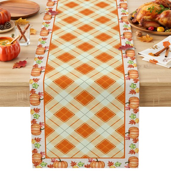Fall Thanksgiving Table Runner 13x36 Inch Rustic Orange Gingham Pattern Pumpkin Border Cotton Linen Dining Table Runner Ideal for Dresser Kitchen Coffee Tables - Machine Washable
