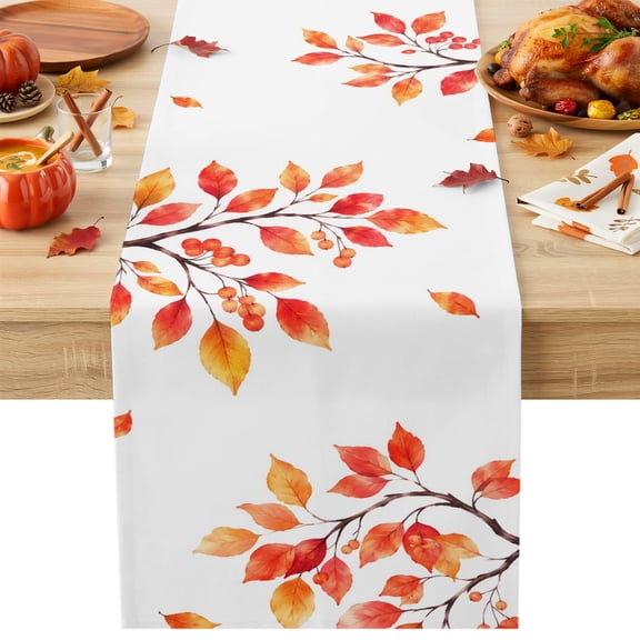 Fall Thanksgiving Table Runner 13x36 Inch Rustic Orange Rowan Leaf Berry Tree Branch Cotton Linen Dining Table Runner Ideal for Dresser Kitchen Coffee Tables - Machine Washable