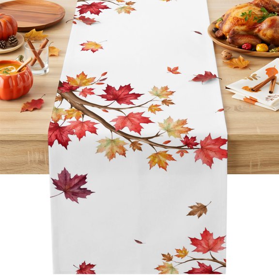 Fall Thanksgiving Table Runner 13x36 Inch Rustic Red Yellow Maple Leaf Tree Branch Twig Cotton Linen Dining Table Runner Ideal for Dresser Kitchen Coffee Tables - Machine Washable