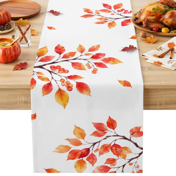 Fall Thanksgiving Table Runner 18x72 Inch Rustic Orange Rowan Leaf Berry Tree Branch Cotton Linen Dining Table Runner Ideal for Dresser Kitchen Coffee Tables - Machine Washable