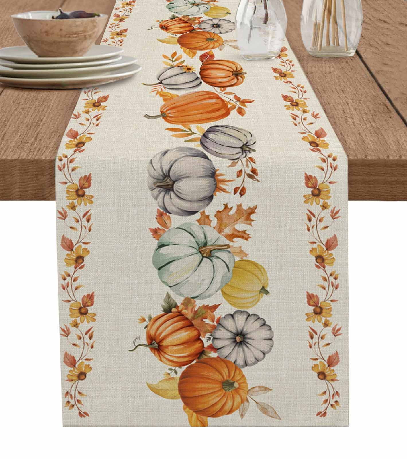 Fall Thanksgiving Table Runner 90 Inches, Orange Grey Pumpkins Rustic ...