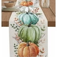 thumbnail image 1 of Fall Thanksgiving Table Runner, Autumn Pumpkins Eucalyptus Leaves Cotton Linen Holiday Table Decor for Home,Kitchen,Dining Room,Indoor,Outdoor,13X120 Inches Extra Long, Blue Sage Green Orange, 1 of 8