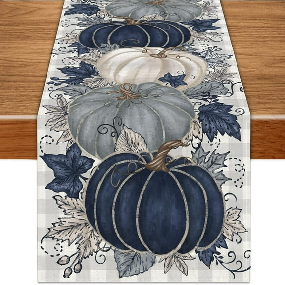 Fall Thanksgiving Table Runner, Blue Vintage Pumpkin Maple Leaf Decorative Autumn Harvest Seasonal Table Runner for Farmhouse Kitchen Dining Indoor Home Party Decorations 13x72 inches