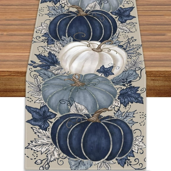 Fall Thanksgiving Table Runner, Blue Vintage Pumpkin Maple Leaf Decorative Autumn Harvest Seasonal Table Runner for Farmhouse Kitchen Dining Indoor Home Party Decorations 13x72 inches