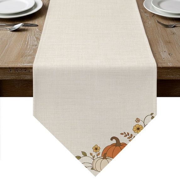 Fall Thanksgiving Table Runner Linen Burlap Table Runner 72 Inches Long Pumpkins Florals Minimalist Beige Dresser Scarves for Kitchen Island Coffee Dining Room Party Wedding Holiday Decor 13"x72"