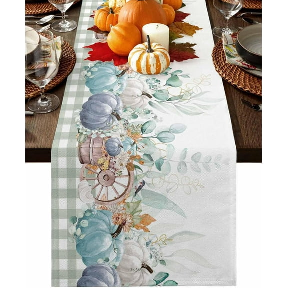 Fall Thanksgiving Table Runner, Navy Blue Pumpkins Green Eucalyptus Leaves Cotton Linen Farmhouse Table Decor for Home,Kitchen,Dining Room,Indoor,Outdoor,Small 13X36 Inches Sage Farmhouse Plaid