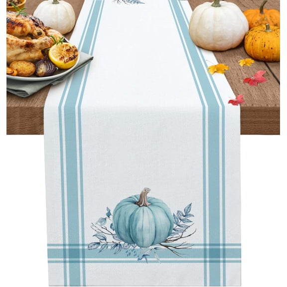 Fall Thanksgiving Table Runner Pumpkin Leaf Branch Runners for Dining Tables Teal Stripes Autumn Dinner Runner Kitchen Parties Decor 13.8" x 108"