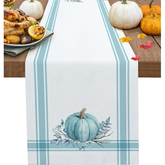 Fall Thanksgiving Table Runner Pumpkin Leaf Branch Runners for Dining Tables Teal Stripes Autumn Dinner Runner Kitchen Parties Decor 13.8" x 90"