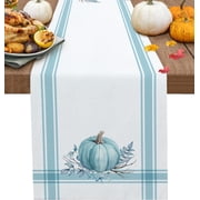 Fall Thanksgiving Table Runner Pumpkin Leaf Branch Runners for Dining Tables Teal Stripes Autumn Dinner Runner Kitchen Parties Decor 13 x 36