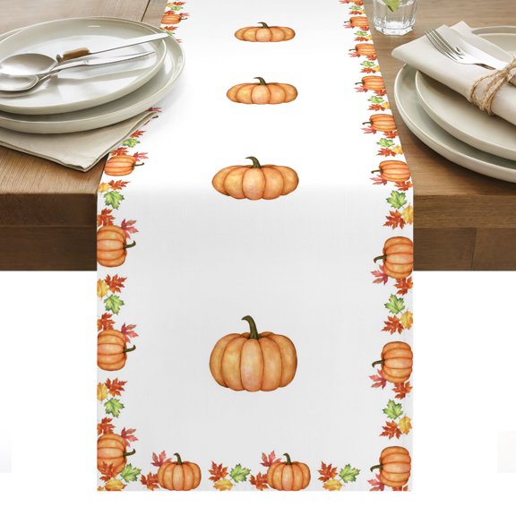 Fall Thanksgiving Table Runner, Rustic Minimalist Orange Pumpkin Border Washable Kitchen Table Runners Dress Scarves for Dining Table Decorations Party/Restaurant/Indoor Outdoor Use, 13x36in