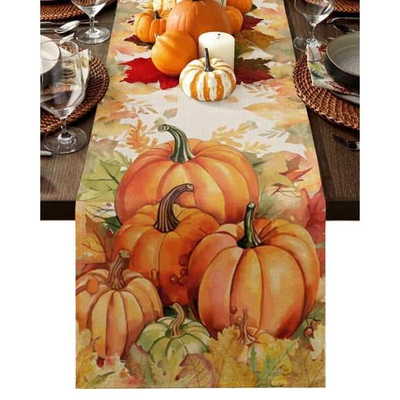 Fall Thanksgiving Table Runner Rustic Orange Pumpkin Harvest Maple Leaf Tablerunners 13 x 60 Inch, Table Decorations Tabletop Scarf for Summer Gathering Holiday Farmhouse Kitchen Dining Decor