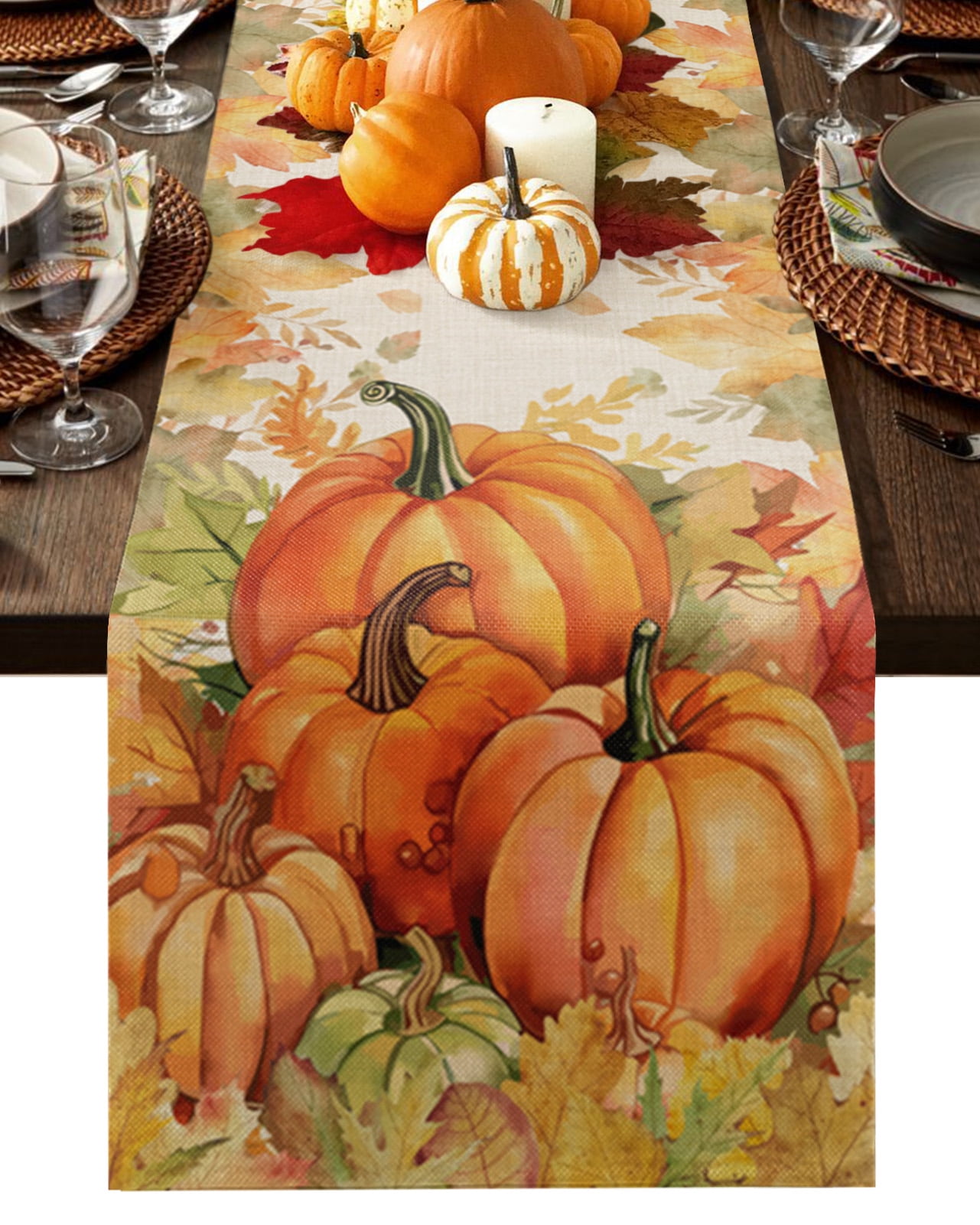 Fall Thanksgiving Table Runner Rustic Orange Pumpkin Harvest Maple Leaf ...