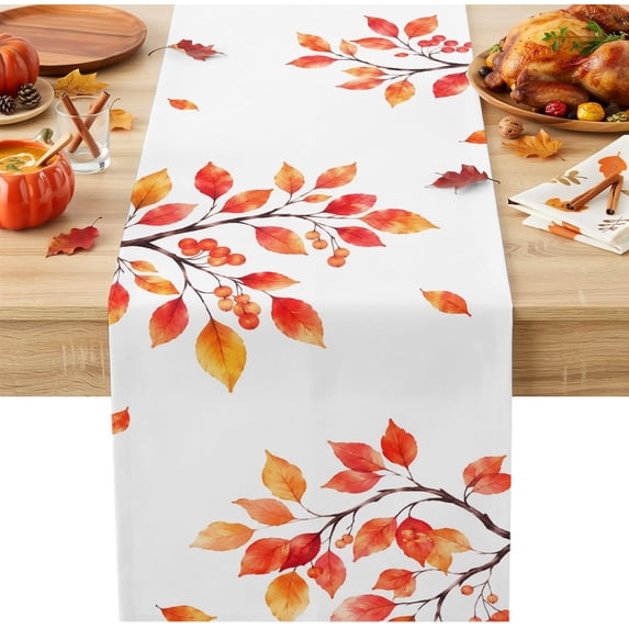 Rustic Modern Table Runner Fall Thanksgiving Table Runner, Rustic Orange Rowan Leaf Berry Tree ...