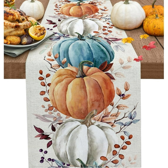 Fall Thanksgiving Table Runner, Watercolor Autumn Pumpkins Eucalyptus Leaves Cotton Linen Tablecloth Farmhouse Table Decor for Home,Kitchen,Dining Room,Indoor,Outdoor,13X108 Inches Long, Blue Orange