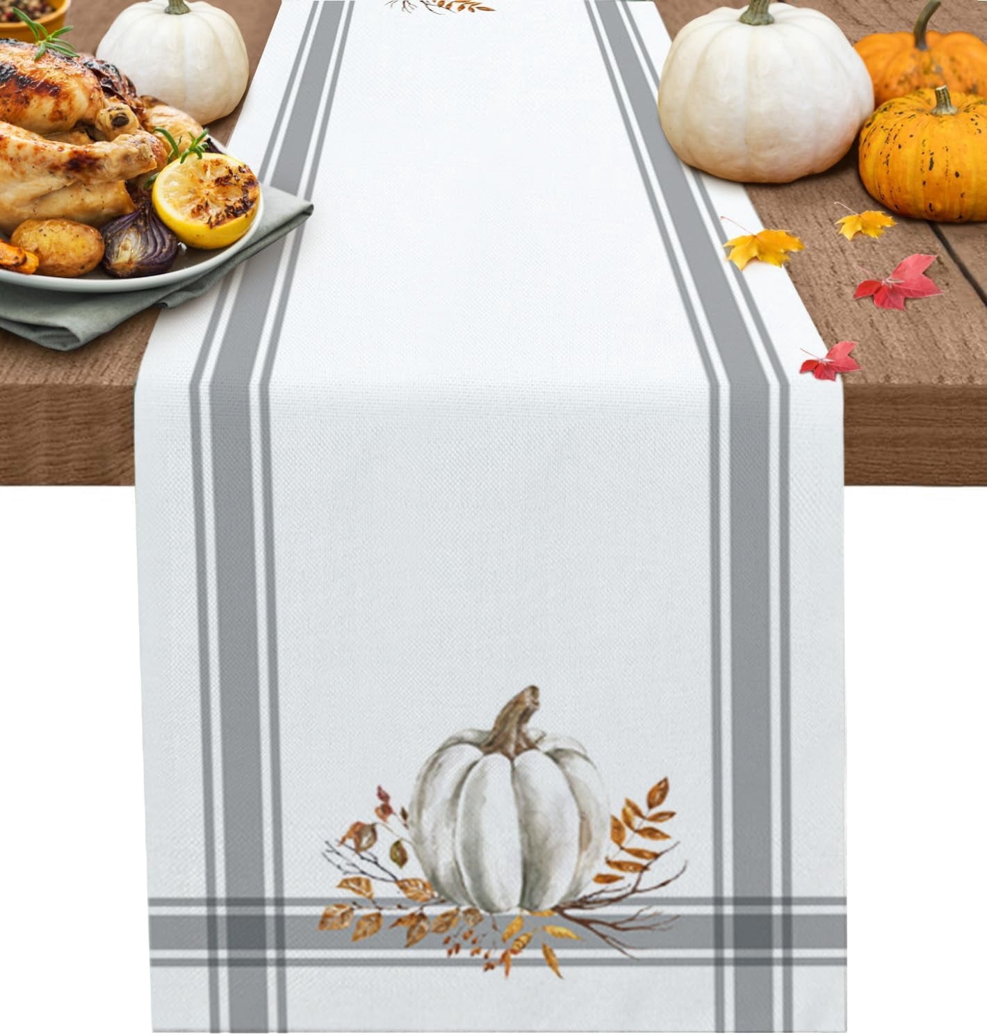 Fall Thanksgiving Table Runners 70 Inch Decorations White Pumpkin Leaf ...