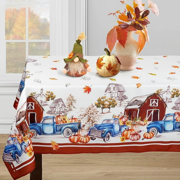 Fall Thanksgiving Tablecloth, Autumn Pumpkin Truck Table Cloth, Maple Leaf Harvest Tablecloths, Waterproof Spillproof Table Cover for Dinner Kitchen Party Holiday Decorations, Rectangle 60 x 120 Inch
