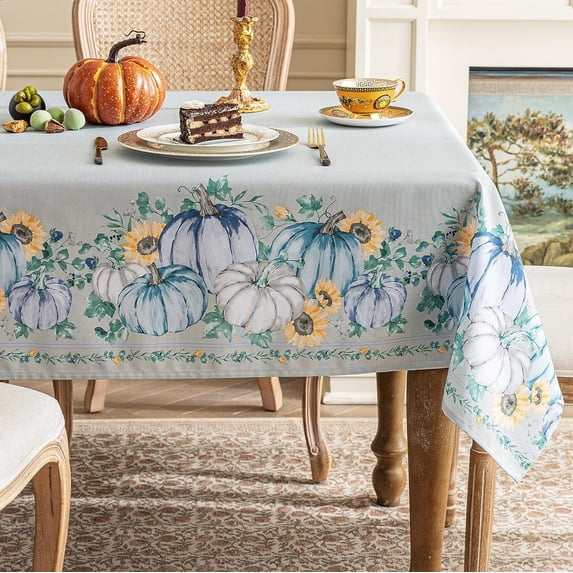 Fall Thanksgiving Tablecloth,Autumns Blue Pumpkin Sunflower Maple Leaf Country Table Cloth,Waterproof Resistant DurableTable Cover (60 X 120 INCH,Rectangle)