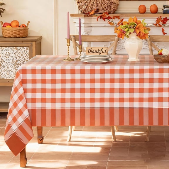 Fall Thanksgiving Tablecloth-Country Gingham Table Cloth-Rustic Farmhouse Checkered Tablecloths for Kitchen, Dining(Square, 60"x60", Orange)