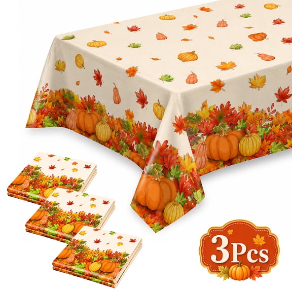 Fall Thanksgiving Tablecloth Decoration Fall Maple Pumpkin Disposable Vinyl Waterproof Table Covers for Fall Party Supplie 54 x 108 inch 3Pcs Design1