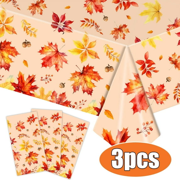 Fall Thanksgiving Tablecloth Decoration Fall Maple Pumpkin Disposable Vinyl Waterproof Table Covers for Fall Party Supplie 54 x 108 inch 3Pcs Design2