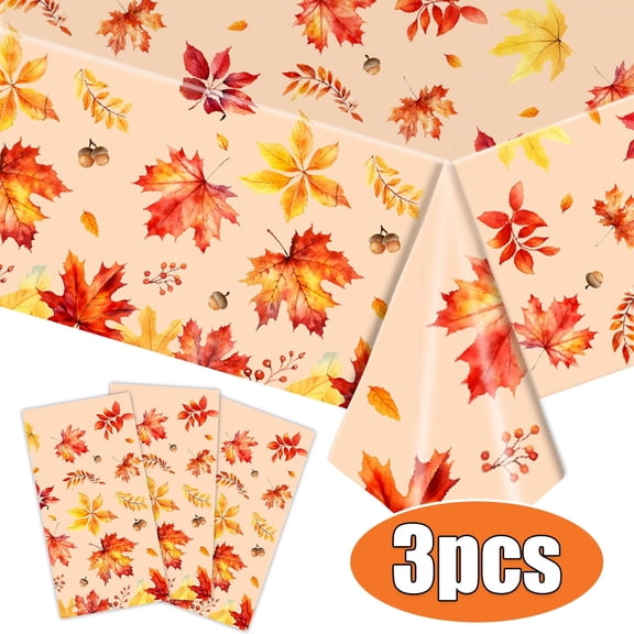 Fall Thanksgiving Tablecloth Decoration Fall Maple Pumpkin Disposable Vinyl Waterproof Table Covers for Fall Party Supplie 54 x 108 inch 3Pcs Design2