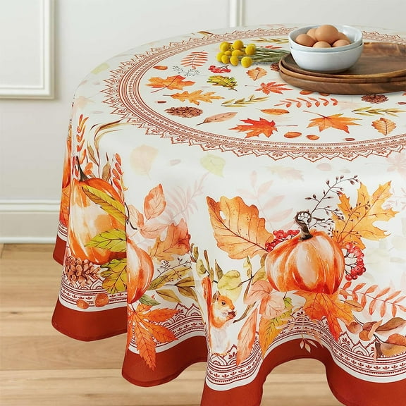 Fall Thanksgiving Tablecloth, Pumpkin Maple Leaf Fall Round Table Cloth 60 x 60 for Fall Decorations, Farmhouse Tablecloths for Home Autumn Harvest Festival Kitchen Dinner Party Table Decor
