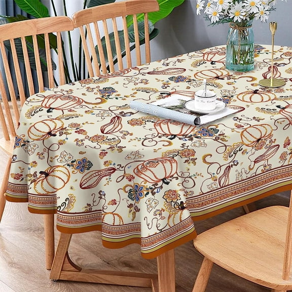 Fall Thanksgiving Tablecloth,Pumpkin Paisley Orange Brown Thanksgiving Table cloths Oval 54 x 72 for Harvest Festival Decor,Perfect for Kitchen Dinner, Restaurant ,Outdoor Holiday Picnic Table Cover