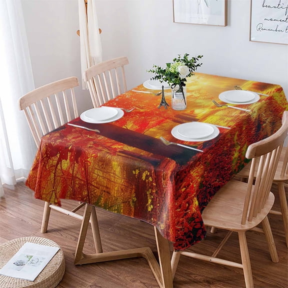 Fall Thanksgiving Tablecloth Rectangle Table Cloth 60x84 , Waterproof Tablecloth Outdoor Table Cloth, Red Orange Sunrise Forest Autumn Washable Table Cover for Kitchen Dining Party