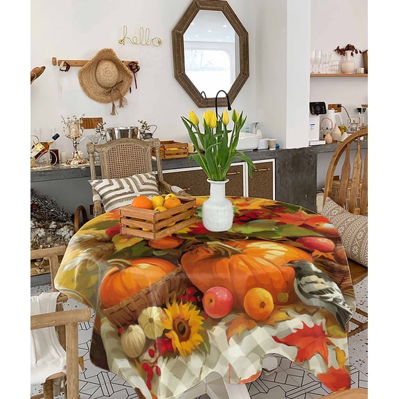 Fall Thanksgiving Tablecloth Square Table Cloth 54x54, Waterproof Tablecloth Outdoor Table Cloth, Pumpkins Birds Sunflower Oil Painting Washable Table Cover for Kitchen Dining Party