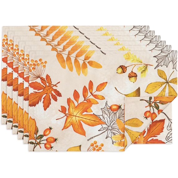 Fall Thanksgiving Tablecloth Tabletop Collection for Kitchen Dining Decoration Parties Harvest, Fall Leaves, Reversible Placemat Set, 12 x 18