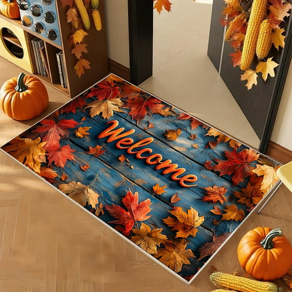 Fall Thanksgiving Themed Doormat, Multicolor Polyester Non-Slip Entrance Mat for Porch Kitchen Bathroom, Washable Holiday Floor Rug, Seasonal Welcome Mat(B)