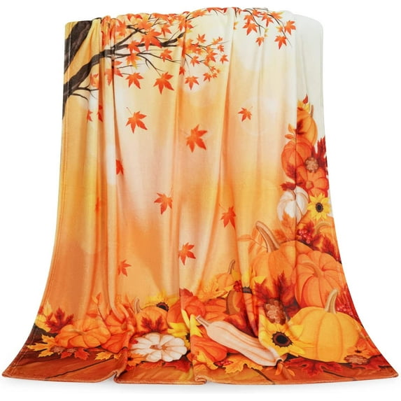 Fall Thanksgiving Throw Blanket, Autumn Pumpkin Flannel Blanket Throw, Maple Leaves Blanket, Large Warm Bed Napping Blanket for Couch Sofa Bedroom Camp Travel Thanksgiving Gift Decor, 50" x 60"