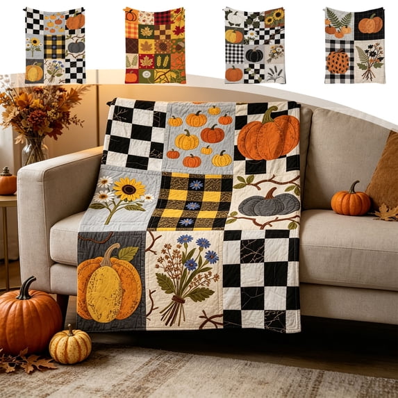 Fall & Thanksgiving Throw Blanket, Orange Pumpkin Sunflower Leaves Super Soft Warm Plaid Blankets for Couch Sofa, Lightweight Fluffy Plush Bed Throws (27.6" x 39.4")