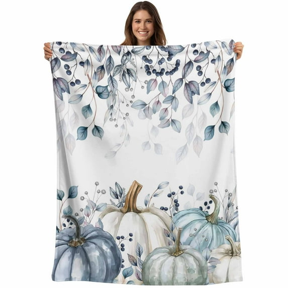 Fall Thanksgiving Throw Blankets, Navy Blue White Pumpkins Leaves Soft Fleece Blanket Decorative for Home Sofa Couch Chair Living Bedroom, 60x80 inches, White