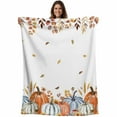 thumbnail image 1 of Fall Thanksgiving Throw Blankets, Orange Green Blue Pumpkins Retro Leaf Soft Fleece Blanket Decorative for Home Sofa Couch Chair Living Bedroom, 32x48 Inches, White, 1 of 8