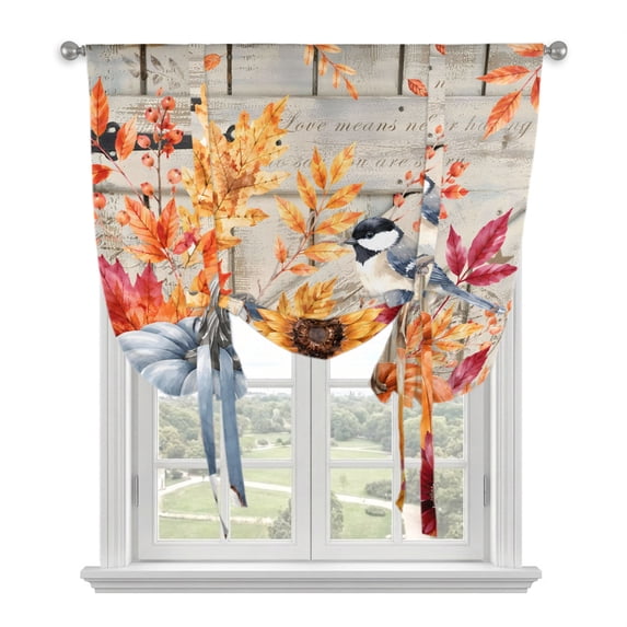 Fall Thanksgiving Tie Up Curtains 45 Inches Long, Kitchen Window Curtains Over Sink, Blue Pumpkin Sunflower Bird Wood Door Small Window Curtains Balloon Curtains Valances for Bedroom/Cafe 34"x45"