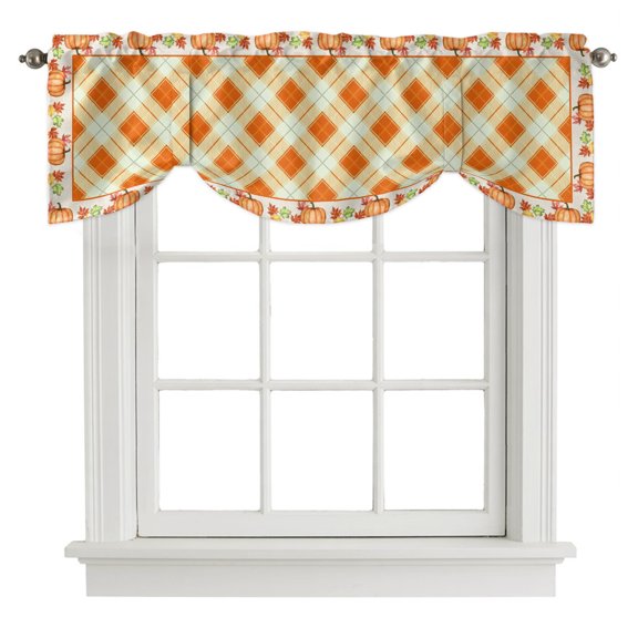 Fall Thanksgiving Tie Up Valances Curtain, Rustic Orange Gingham Pattern Pumpkin Border Adjustable Valance for Window Light Filtering for Kitchen and Bathroom Rod Pocket 1 Panel 42x12in