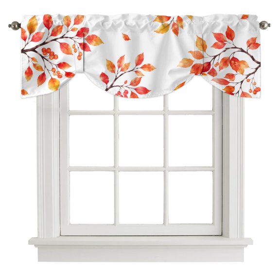 Fall Thanksgiving Tie Up Valances Curtain, Rustic Orange Rowan Leaf Berry Tree Branch Adjustable Valance for Window Light Filtering for Kitchen and Bathroom Rod Pocket 1 Panel 42x12in