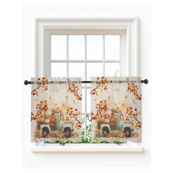 Fall Thanksgiving Tier Curtains 24 Inch Length,Sheer Curtains for Bedroom Living Room Window Autumn Pumpkin Truck Maple Leaf Rustic Voile Drapes Kitchen Curtains Small Half Window 27.5"x24" 2 Panels