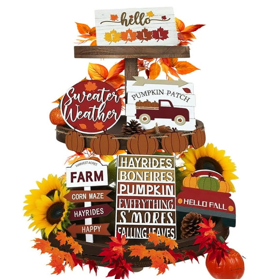 Fall Thanksgiving Tiered Tray Decor Fall Kitchen Table Decor Pumpkin Maple Sign Rustic Farmhouse Hello Fall Wood Tabletop Sign for Autumn Party Favors Design4