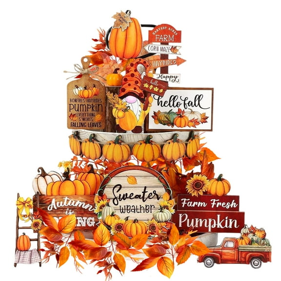 Fall Thanksgiving Tiered Tray Decor Fall Kitchen Table Decor Pumpkin Maple Sign Rustic Farmhouse Hello Fall Wood Tabletop Sign for Autumn Party Favors Design3