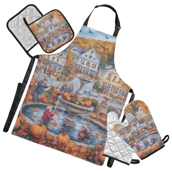 Fall Thanksgiving Town Oven Mitts and Pot Holders with Chef Apron Set 5 Pcs Kitchen Cooking Set
