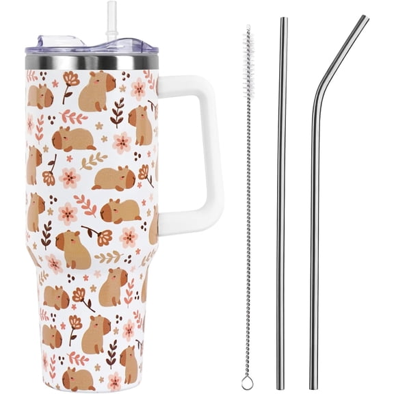 Fall Thanksgiving Tumbler with Lid and Straw 40oz,Cute Floral Capybara Vacuum Insulated Leak Proof Stainless Steel Coffee Cup, Farmhouse Accessories Gift for Women Girls
