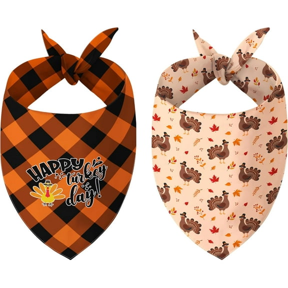 Fall Thanksgiving Turkey Dog Bandanas Reversible Large 2 Pack, Autumn Harvest Adjustable Triangle Scarves for Small Medium Large Extra Large Dogs Pets