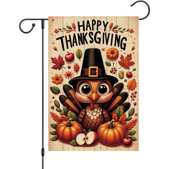 Fall Thanksgiving Turkey Garden Flag 12 x 18 Inch Outdoor Yard Lawn Decor, Harvest Flowers Small Garden Banner for Porch, Patio, Backyards