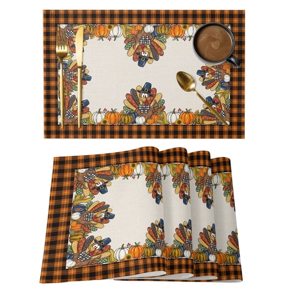 Fall Thanksgiving Turkey Placemats Set of 1 Retro Rustic Pumpkin Plaid Orange Place Mats Indoor Wipeable Table Mats Washable Dining Table Placemats for Kitchen Holiday Party Home Decor 13x19 Inch
