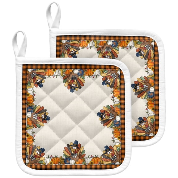 Fall Thanksgiving Turkey Pot Holders for Kitchen Heatproof Potholder, 2 Pack Retro Rustic Pumpkin Plaid Orange Hot Pads Multipurpose Oven Pads Terry Cloth Potholders Trivet for Cooking and Baking
