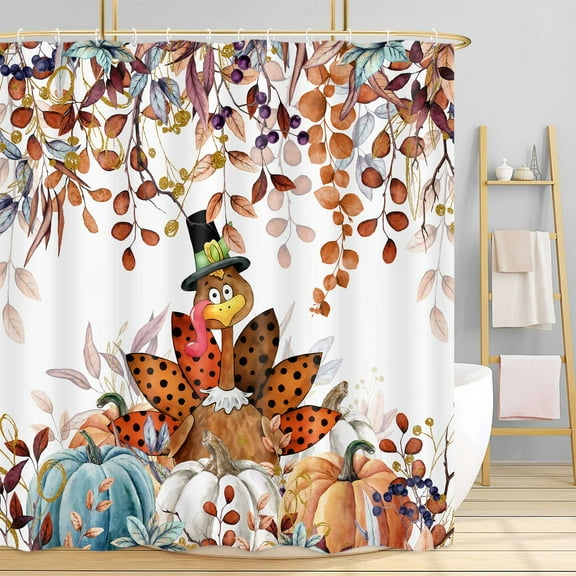 Fall Thanksgiving Turkey Shower Curtain, Autumn Pumpkin Eucalyptus Leaves on Farmhouse Bath Curtain, Country Harvest Bathroom Accessories Orange Floral Bathroom Curtains Home Decor, 72X72in
